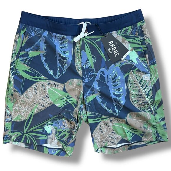 Rhone Trunks Mens M Blue Floral Barrier Swim Shorts Birds Parrot Tropical Lined
